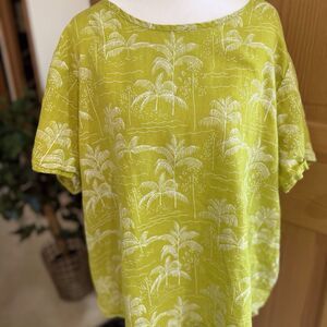 C&C California Shirt Womens 1X Green All Linen Lagen Tropical Palm Trees Beachy‎